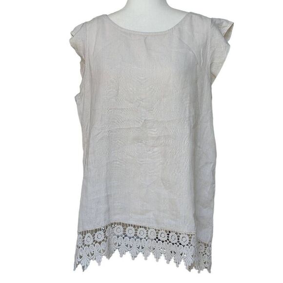 Terzo Millennio Women Top Boho Cap Sleeve Eyelet Trim Beige Size L Linen Italy - Picture 2 of 7